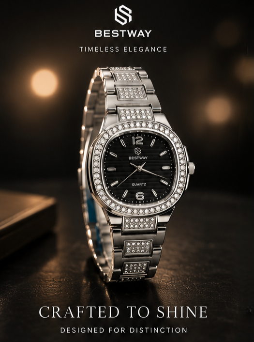 BESTWAY Crystal Luxe Women’s Stainless Steel Watch – Silver Black Edition