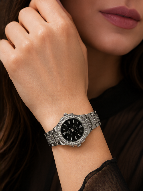 BESTWAY Crystal Luxe Women’s Stainless Steel Watch – Silver Black Edition