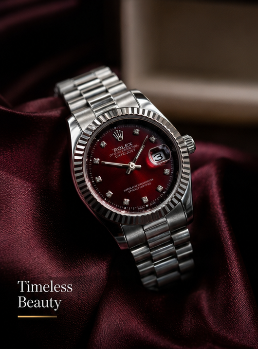 Rolex Silver Ladies Date Watch with Ruby Red Diamond Dial