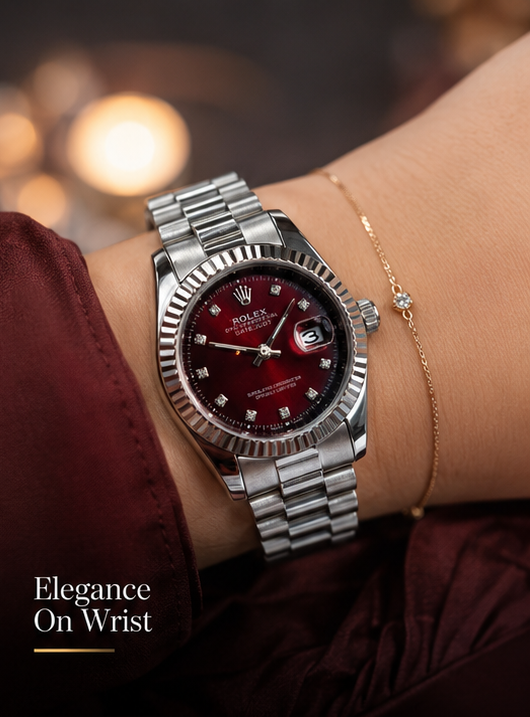 Rolex Silver Ladies Date Watch with Ruby Red Diamond Dial