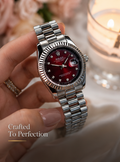 Rolex Silver Ladies Date Watch with Ruby Red Diamond Dial