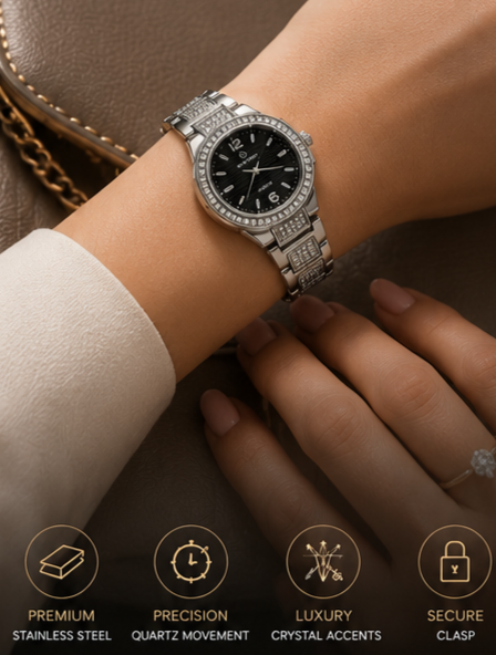 BESTWAY Crystal Luxe Women’s Stainless Steel Watch – Silver Black Edition