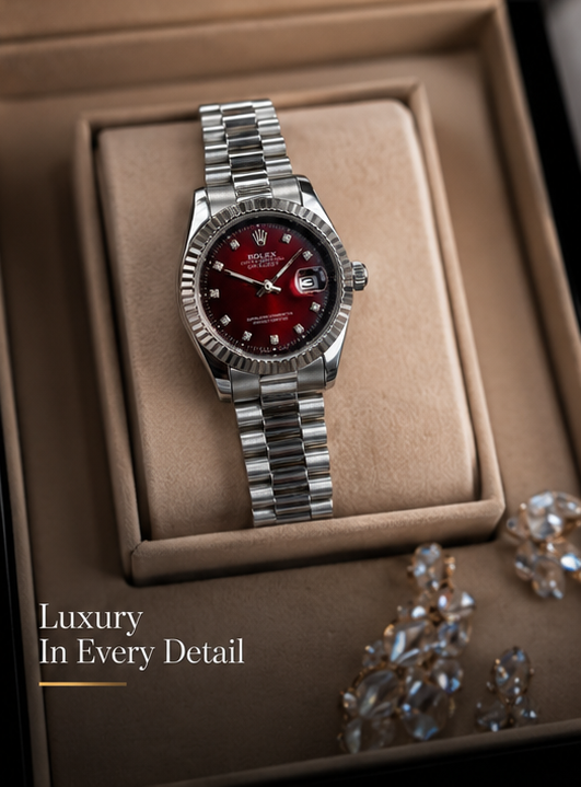 Rolex Silver Ladies Date Watch with Ruby Red Diamond Dial