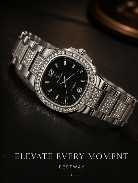BESTWAY Crystal Luxe Women’s Stainless Steel Watch – Silver Black Edition