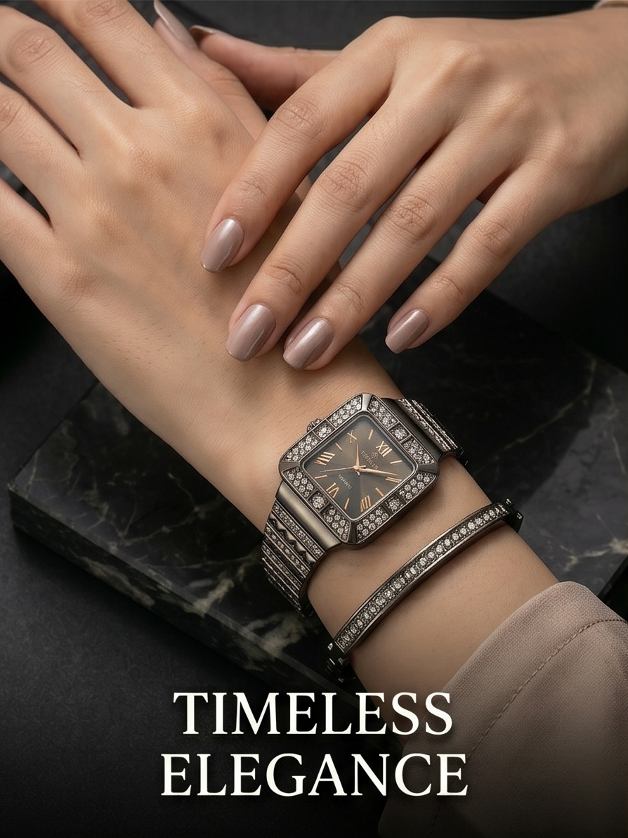 Elite Square Dial — Midnight Noir & Rose Gold Crystal Edition
